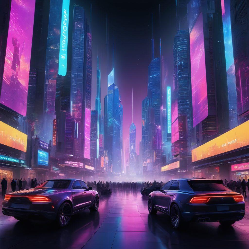 A futuristic cityscape merging technology and art, featuring digital screens displaying diverse adult media trends, surrounded by holographic elements representing evolving entertainment. Include silhouettes of people engaging with various media forms, blending virtual and real-life interactions. The atmosphere should be vibrant and dynamic, capturing the essence of innovation in adult entertainment. 3D. vibrant colors. cyberpunk.