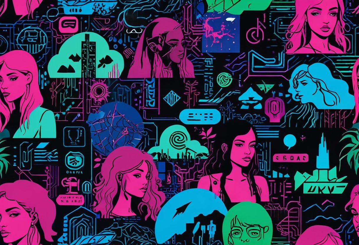 A vibrant collage depicting a digital landscape filled with various streaming service logos and subscription icons representing the adult industry. The background features abstract shapes and silhouettes of diverse couples in various intimate poses, indicating inclusivity and diversity. Neon lights and bold colors evoke a modern, edgy vibe, while a subtle digital grid pattern suggests the technological aspect of streaming. A striking contrast between playful and provocative elements creates an engaging atmosphere. cyberpunk. vibrant colors. digital art.