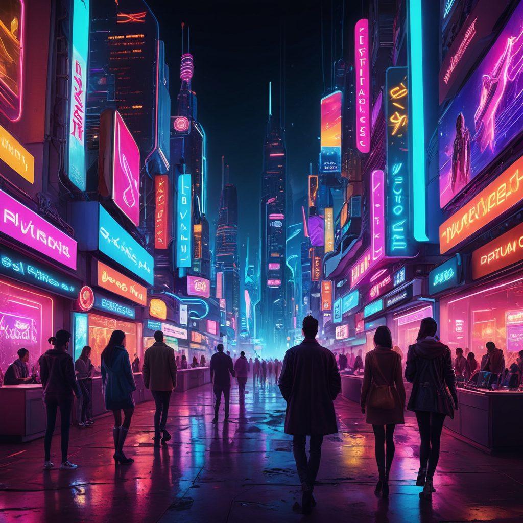 A futuristic cityscape representing the evolution of online adult entertainment, with vibrant neon lights illuminating diverse groups of people interacting with various digital devices. Include elements such as augmented reality, virtual reality, and streaming icons, depicting a blend of technology and intimacy. Incorporate a night-time setting to enhance the vibrant colors and create an engaging atmosphere. cyberpunk. vibrant colors. night scene.